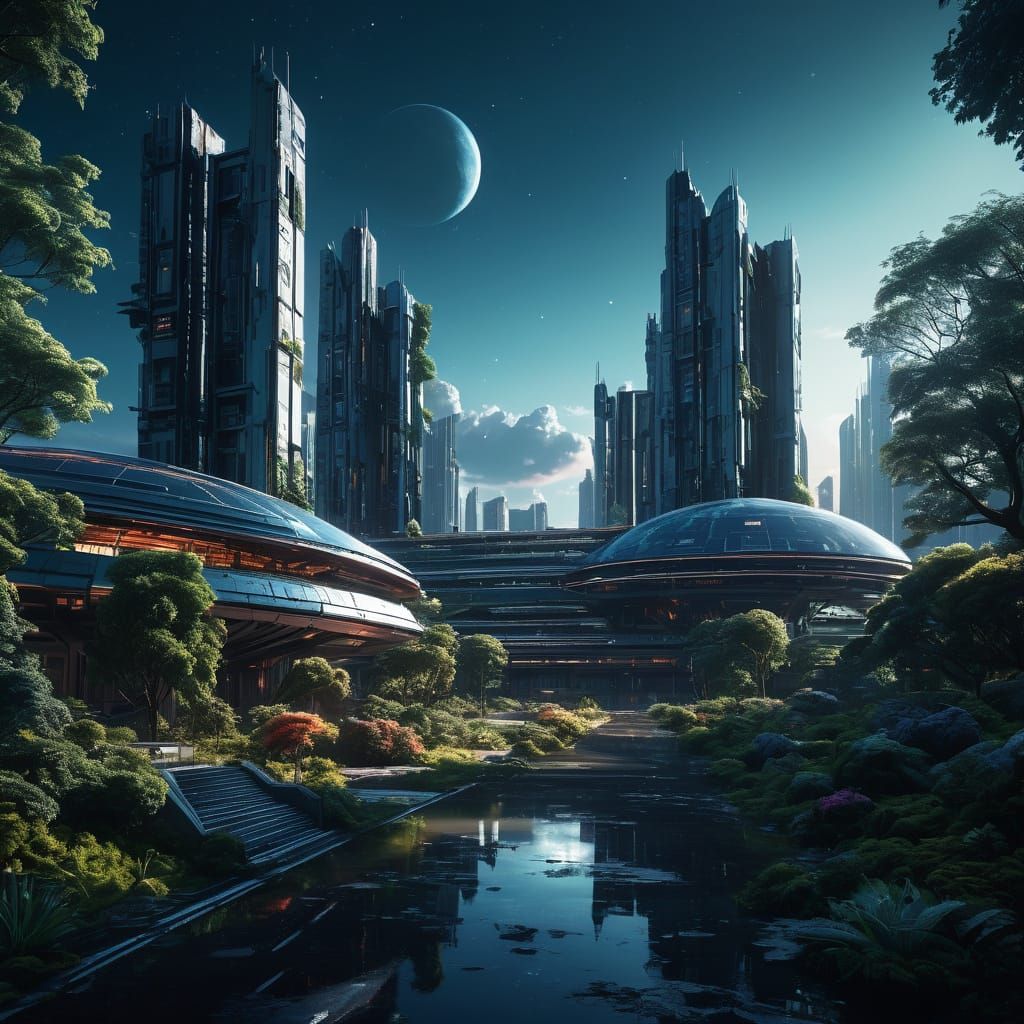 Surreal Futuristic Cityscape on a Distant Planet at Sunset