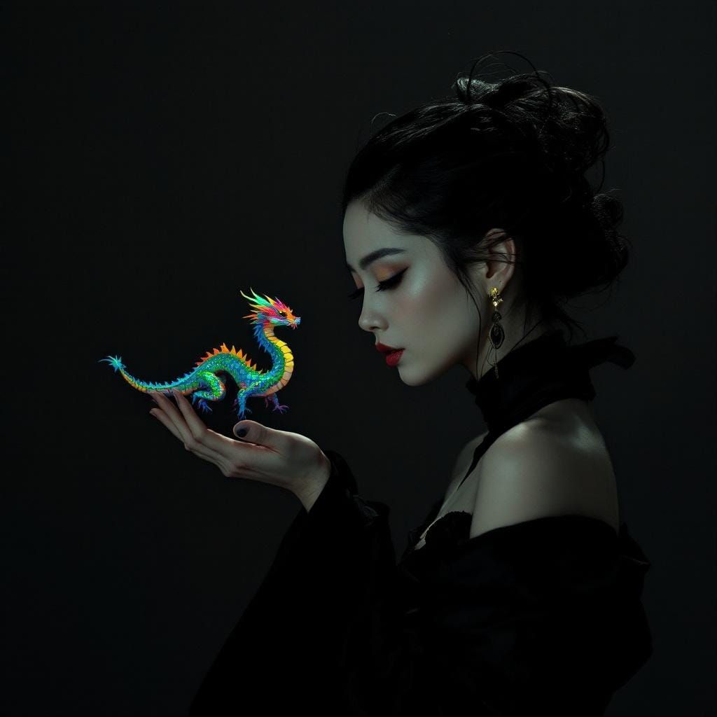 Stylized Woman with Dragon in Cinematic Lighting