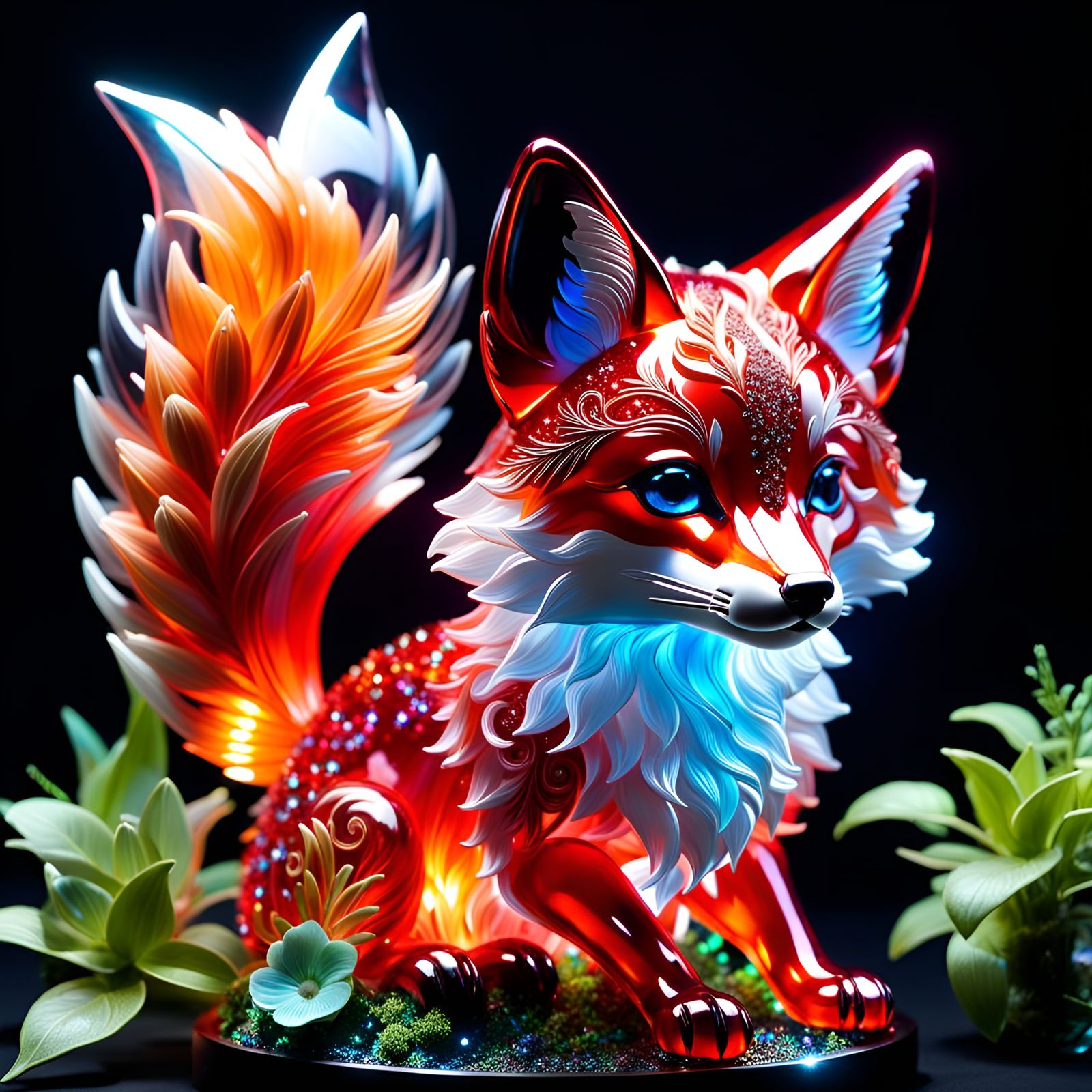 Bioluminescent Crystal Fox Sculpture in Glass
