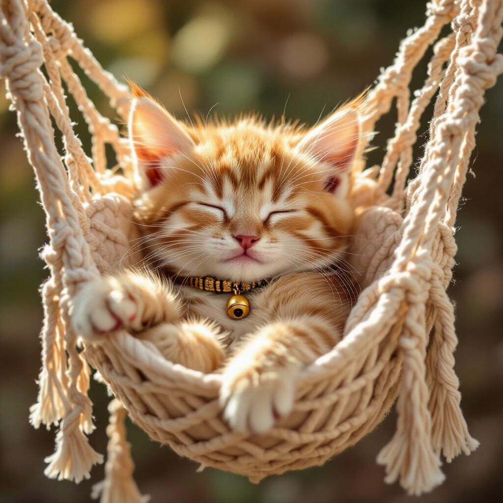 Kitten Sleeping in Hammock, Folk Art Illustration