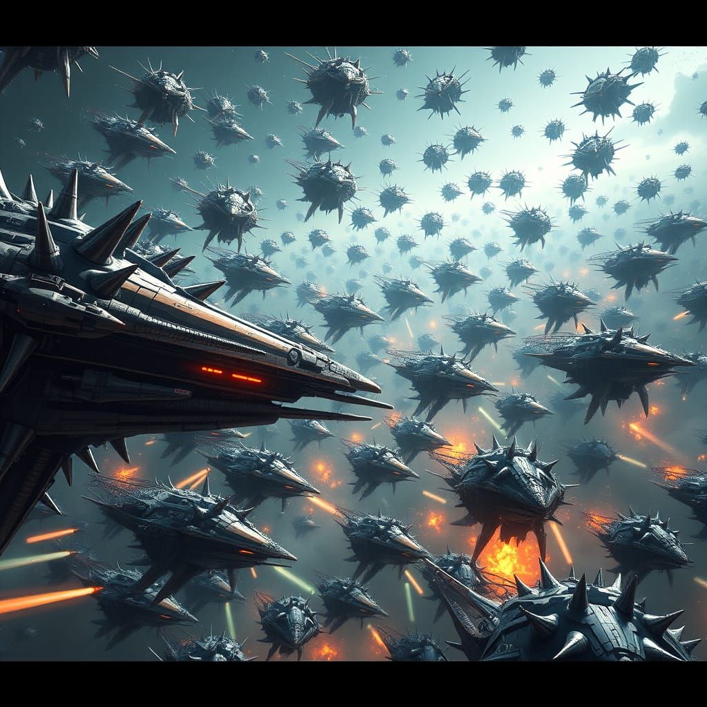 Cosmic Armada of Alien Spaceships in Cyberpunk Style