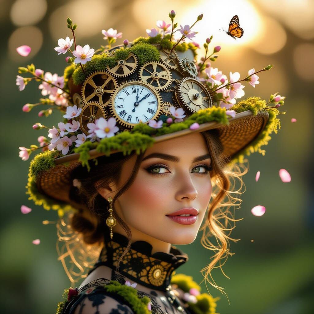 Steampunk Garden Hat Portrait: Woman with Gears and Blossoms