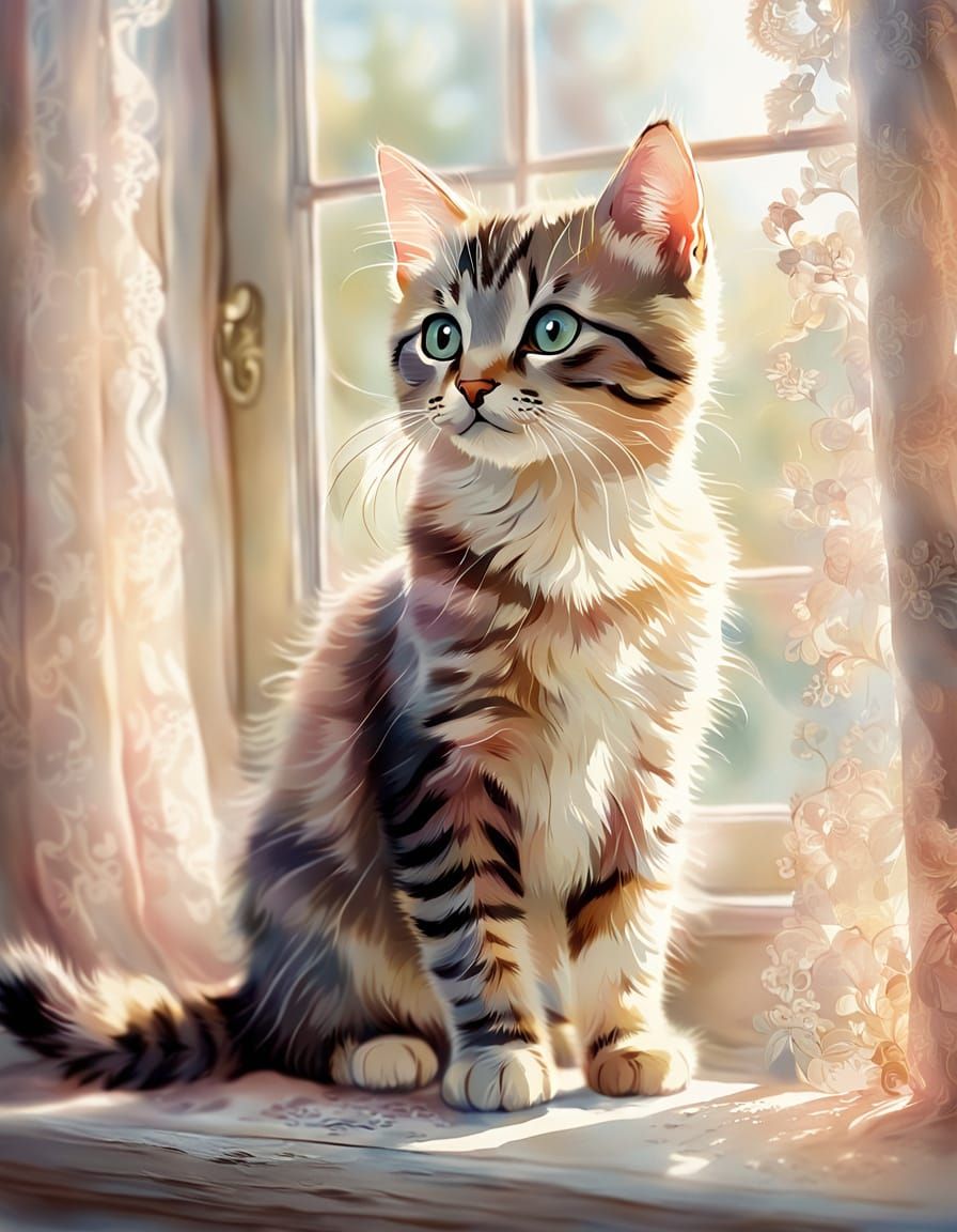 Whimsical Kitten Illustration in Watercolor Style