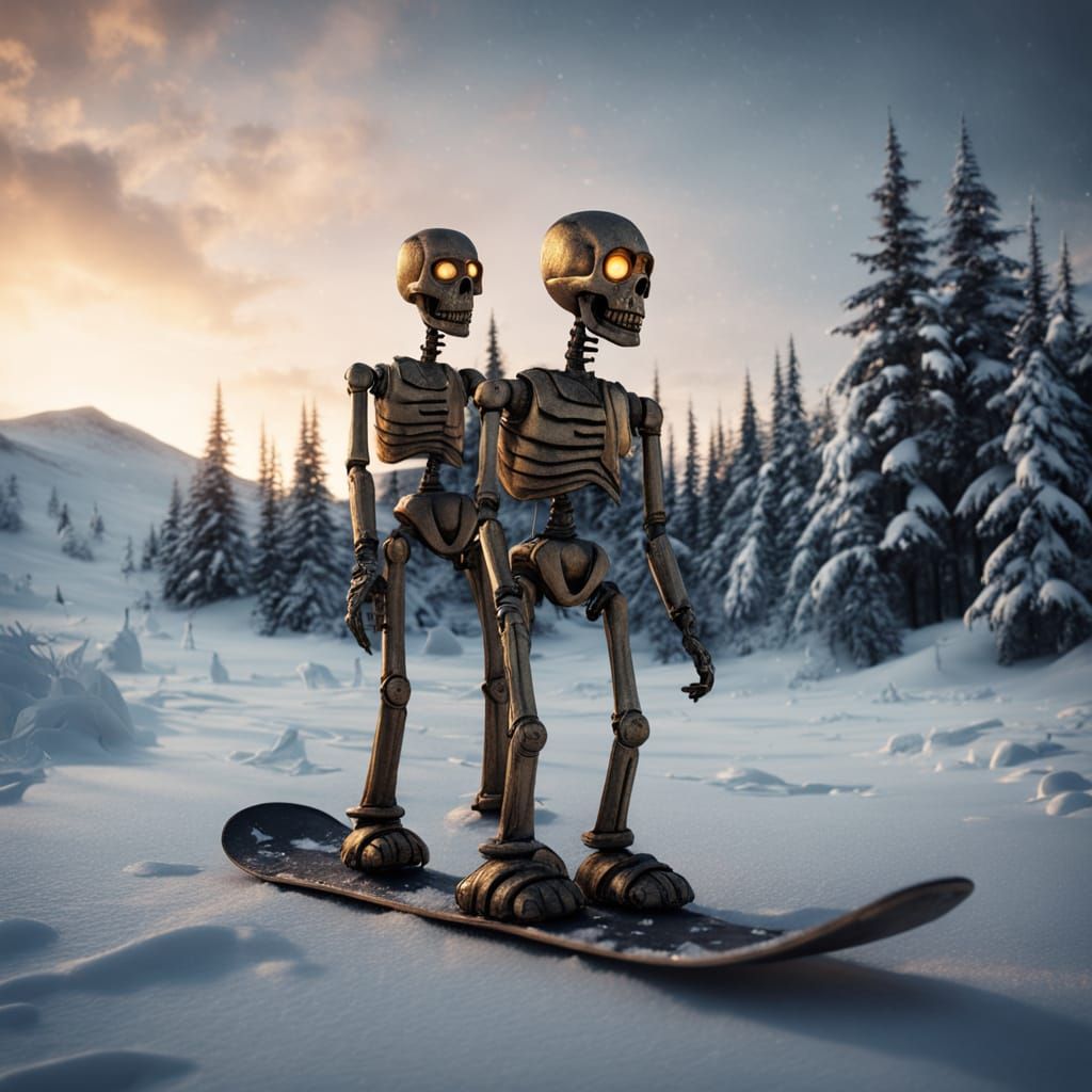 Surreal Horror Animatronic Snowboarder in Soft Shaded Pastel...