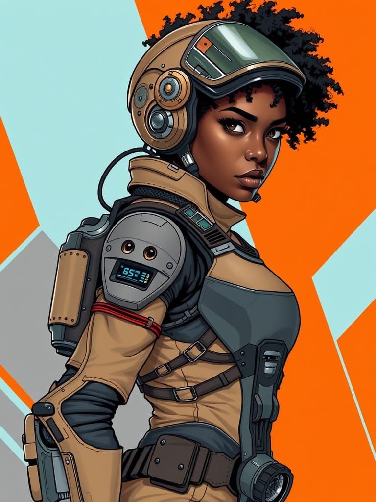 Young Woman in Futuristic Exosuit, Ink Drawing