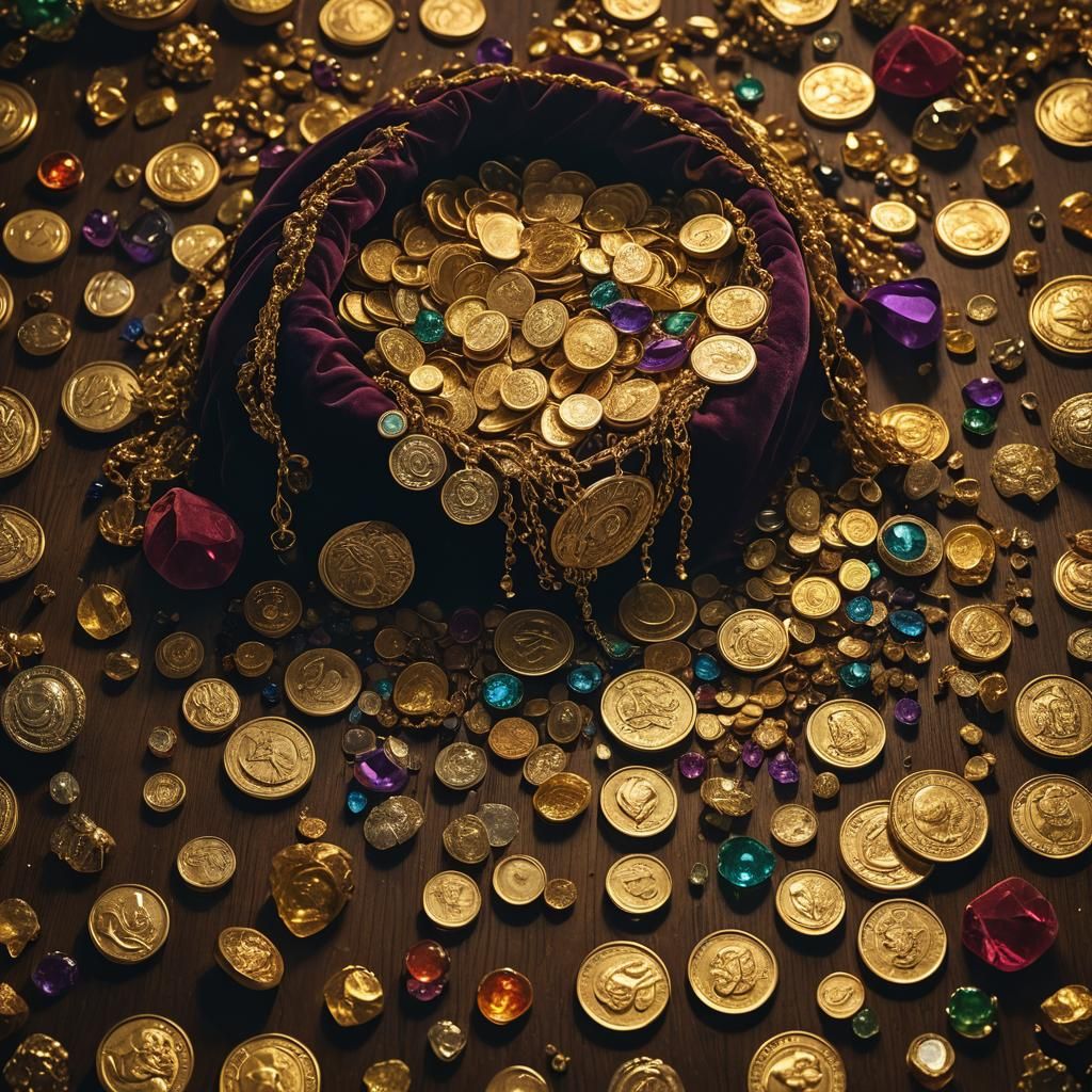 Glinting Treasures Spill from Ornate Velvet Sack