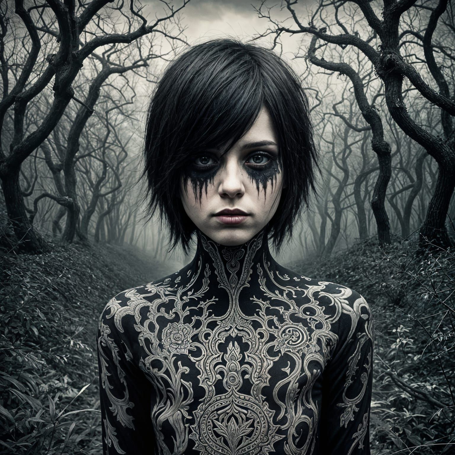 Hyperrealistic Emo with Tattoos in Macabre Style