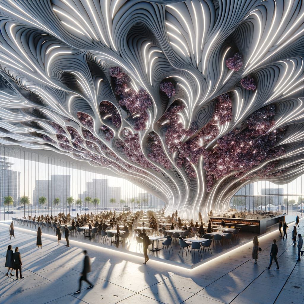 Futuristic Restaurant with 3D Magenta Flower Walls