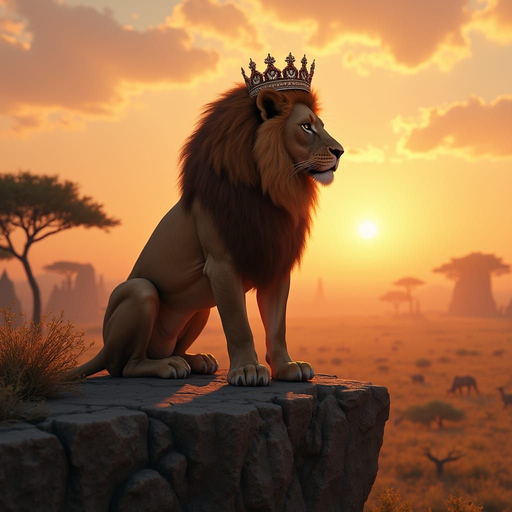 Lion King: Regal Lion Surveys Savanna at Sunset