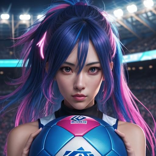 Anime Woman Kisses Soccer Ball in Neon Stadium