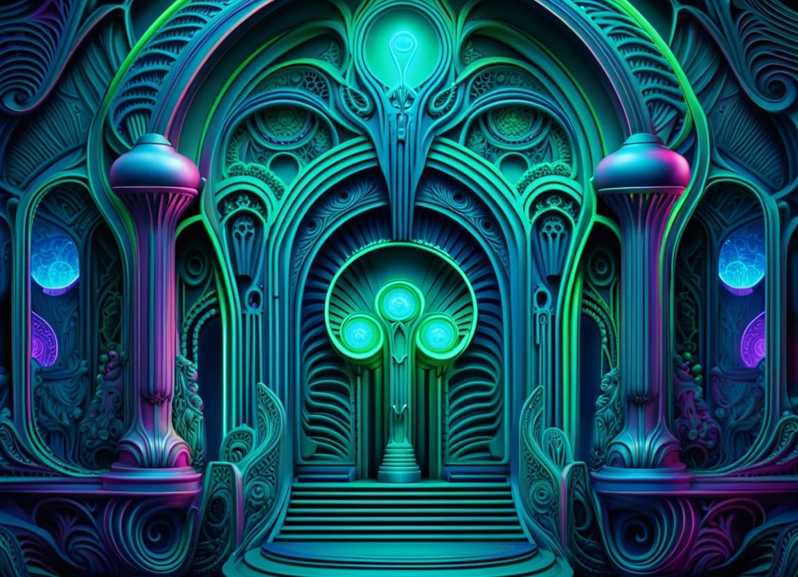 Art Nouveau Museum Entrance with Alien Artifacts