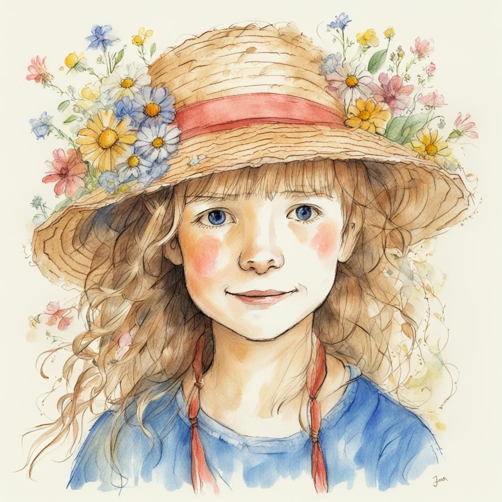 Child's Crayon Drawing of Floral Straw Hat