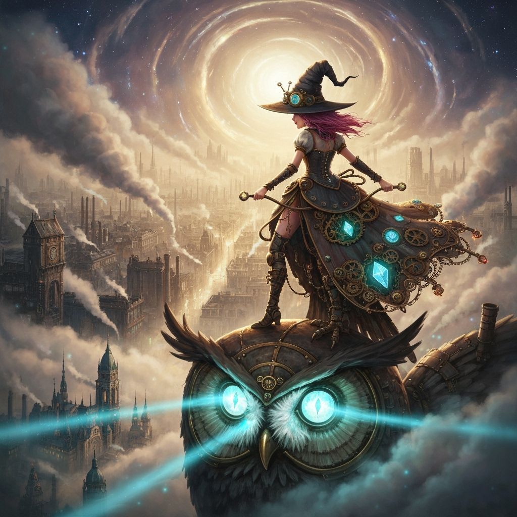Steampunk Witch on Clockwork Owl Over Smog City