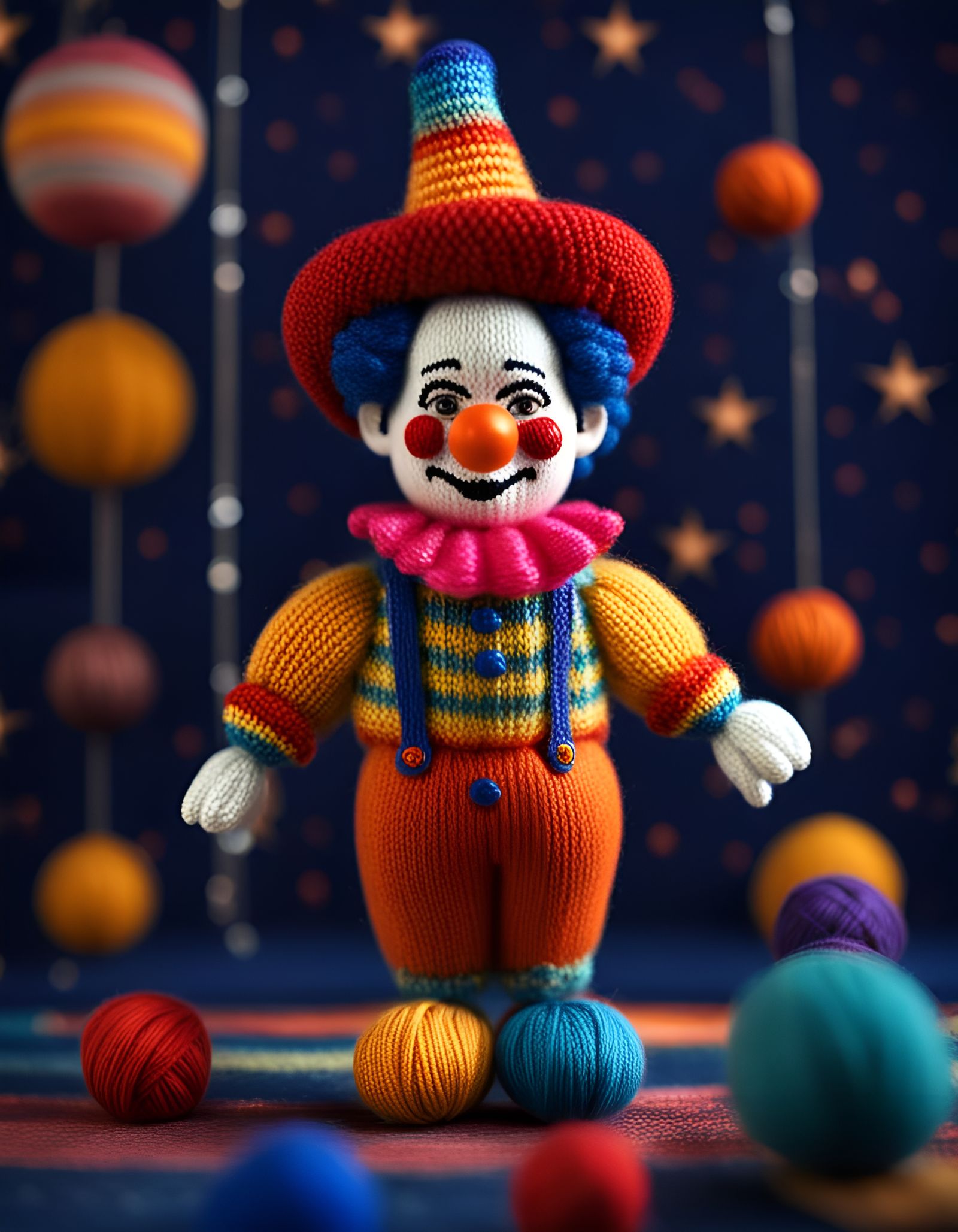 Knitted Mexican Clown Glides Among the Stars