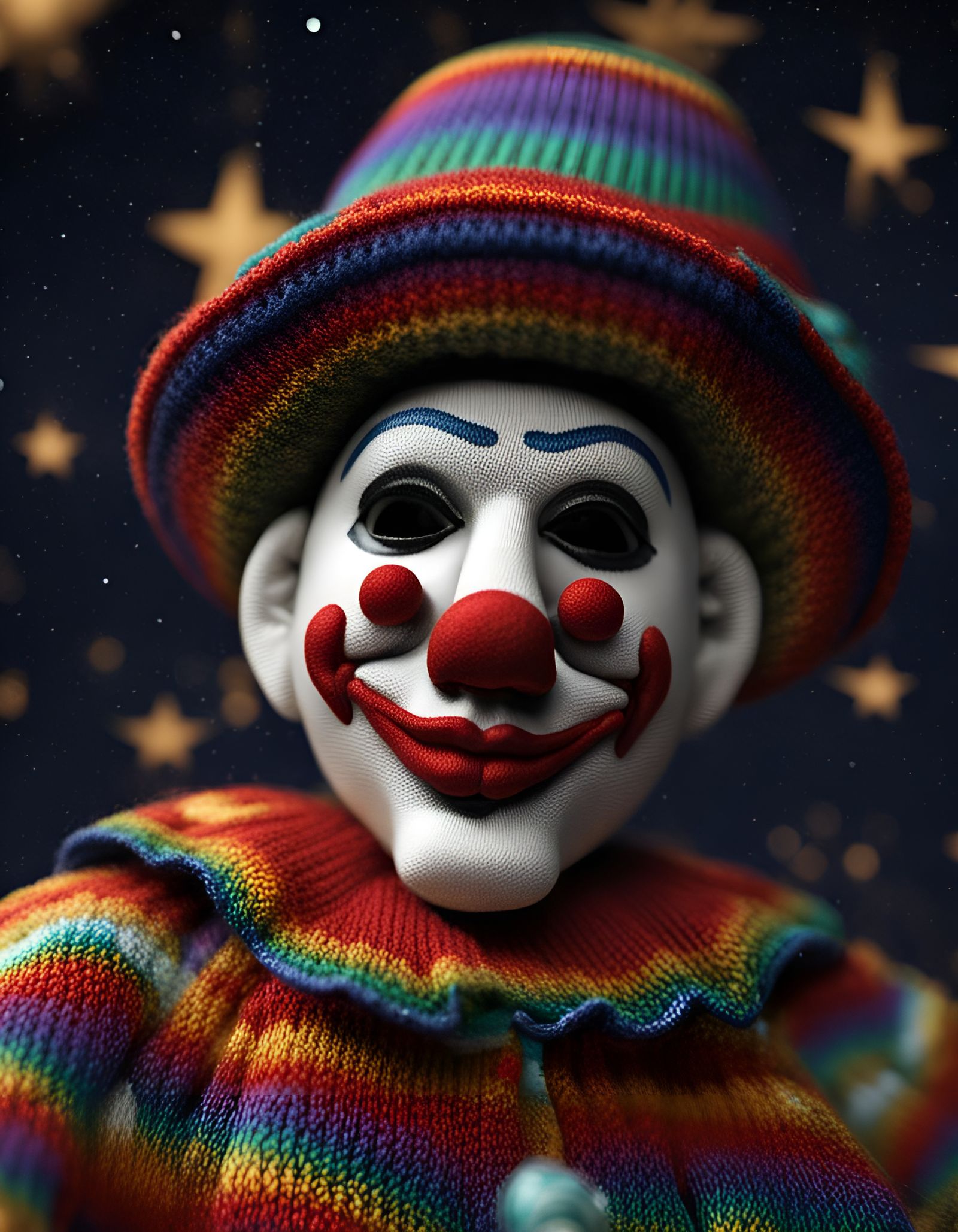 Knitted Mexican Clown Glides Among the Stars