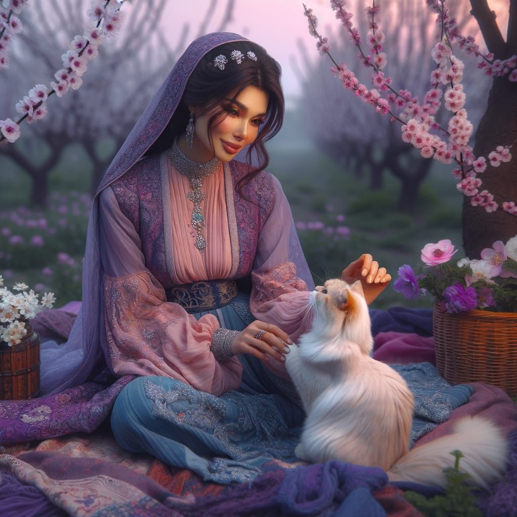 South Asian Woman and Cat in Blossom Field