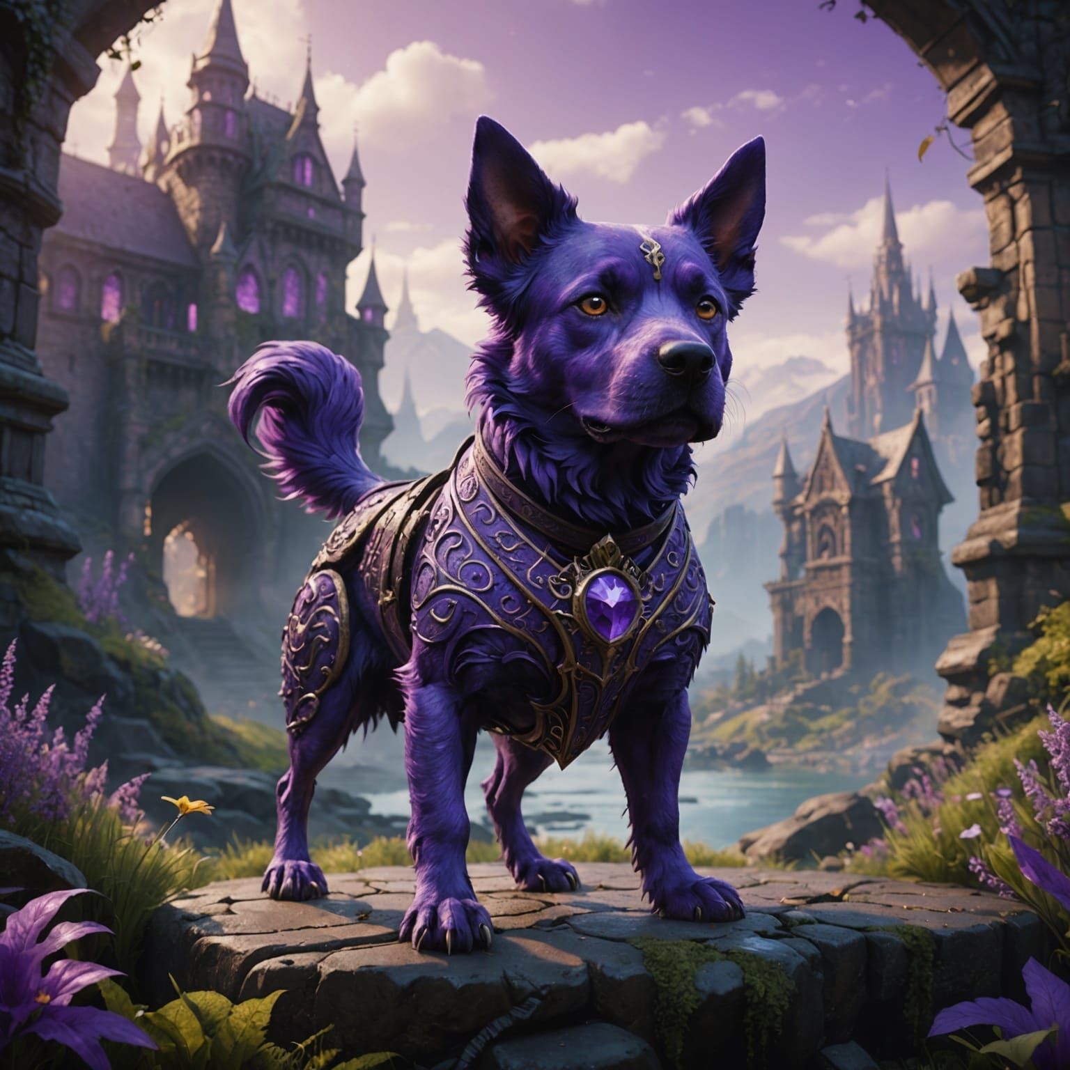 Fantastical Purple Dog in Detailed Matte Painting