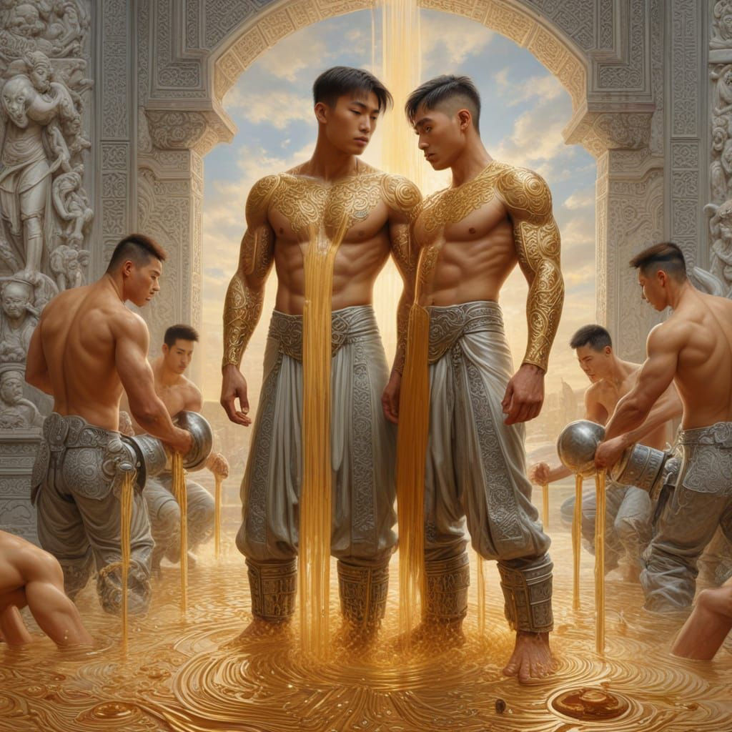 Two Handsome Men Enshrouded in Liquid Mercury Armor