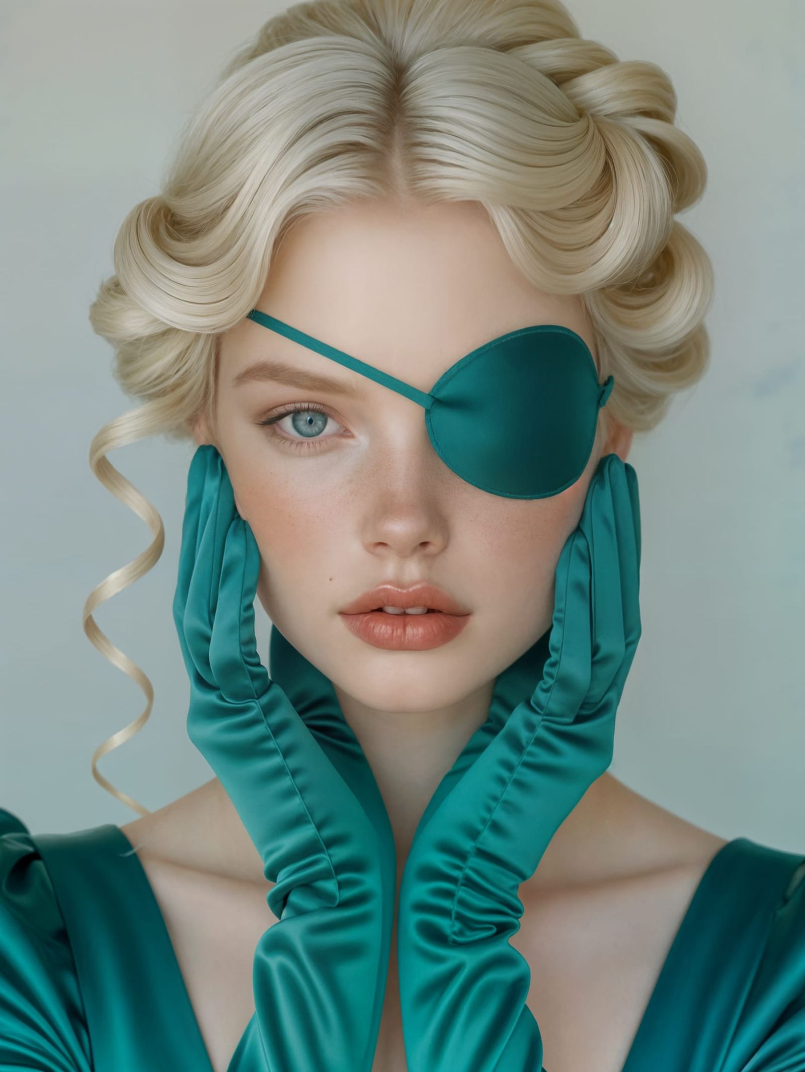 Gorgeous Woman in Teal Outfit and Eyepatch