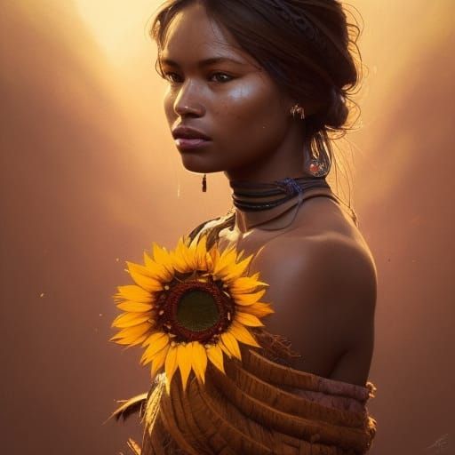 Tribal Woman Portrait with Sunflowers
