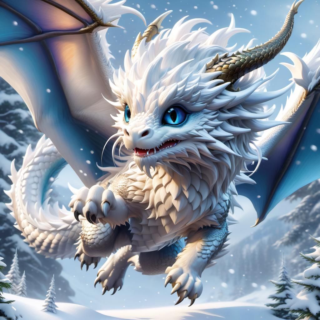 Adorable Anime Dragon Leaping into Snowy Landscape