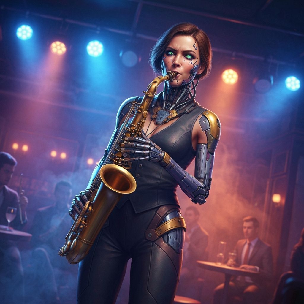 Cyborg Musician on Smoky Stage in Digital Art Style