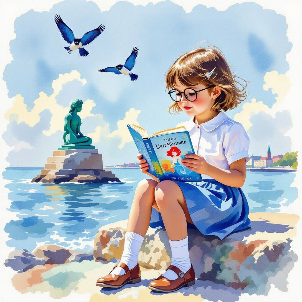 Little Girl Meets Little Mermaid Statue: Degas Watercolor