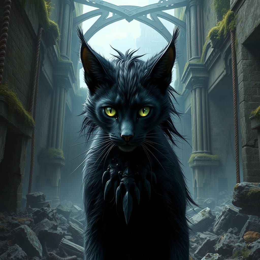 Feline Humanoid Reigns Over Ancient Ruins in Cyberpunk Style