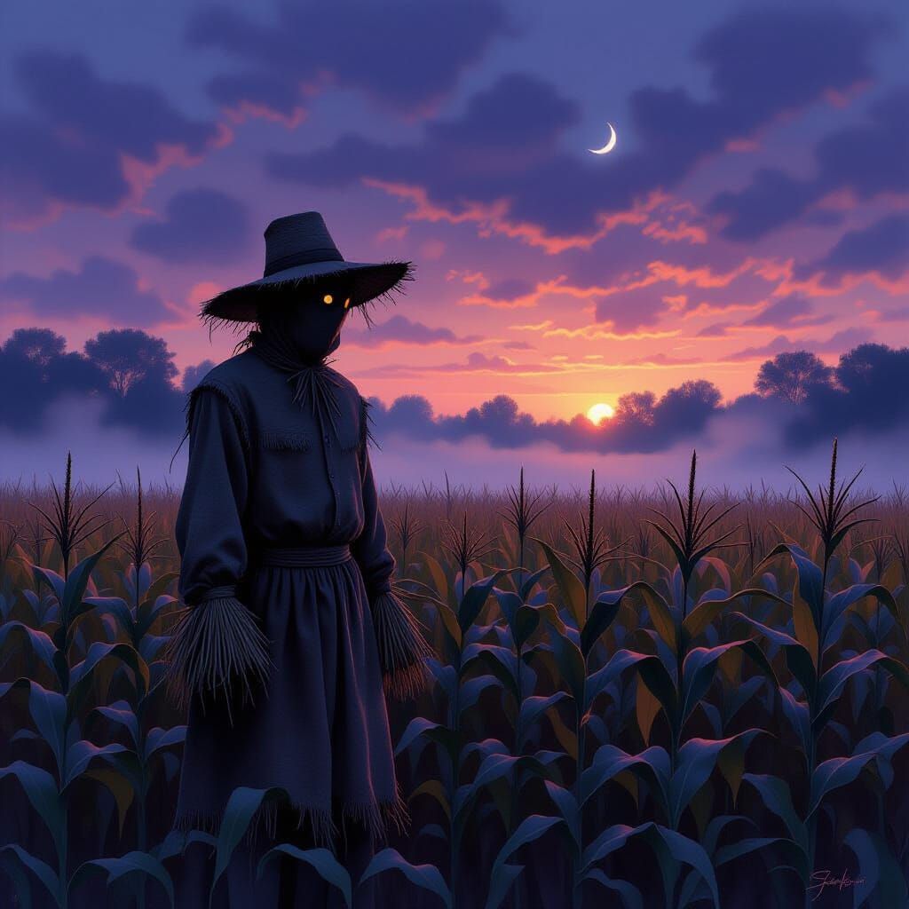 Lone Scarecrow in Misty Cornfield at Twilight