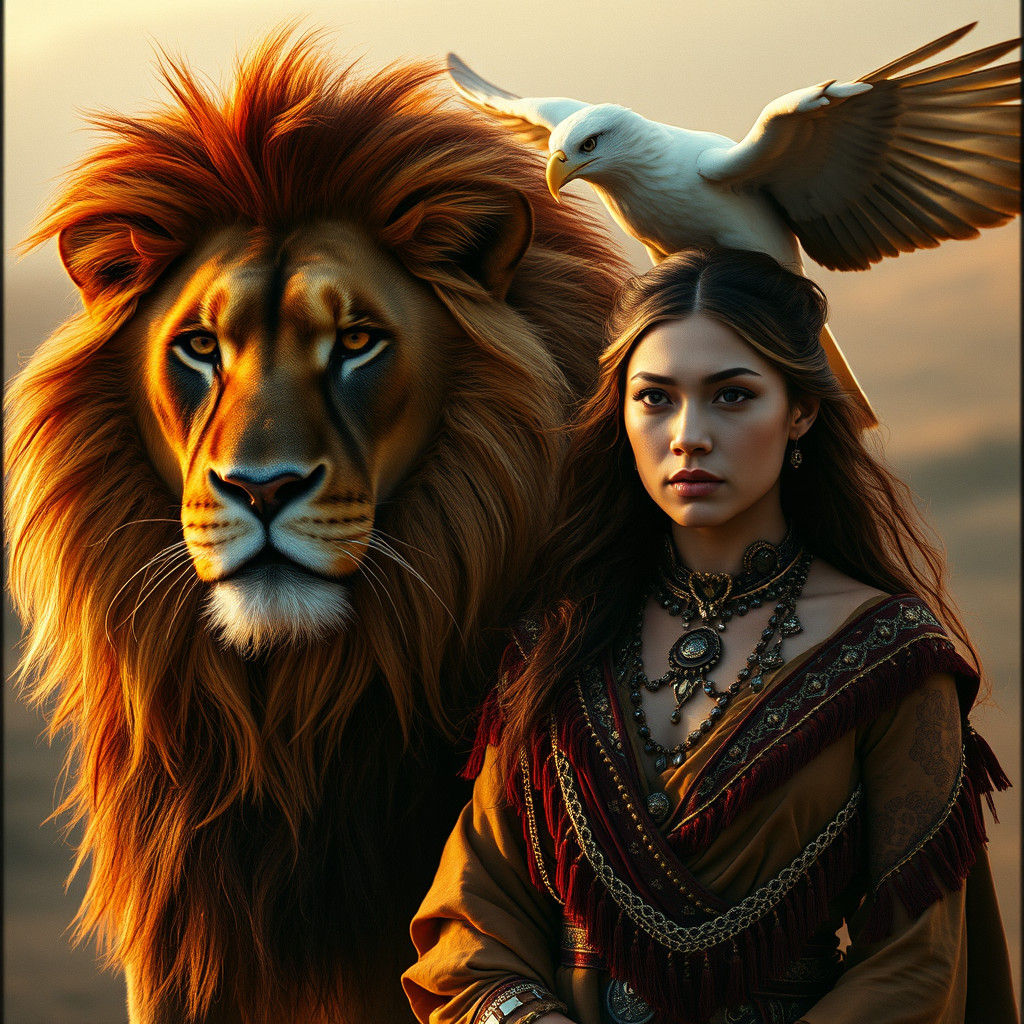 Majestic Woman with Lion and Eagle in Cinematic Style