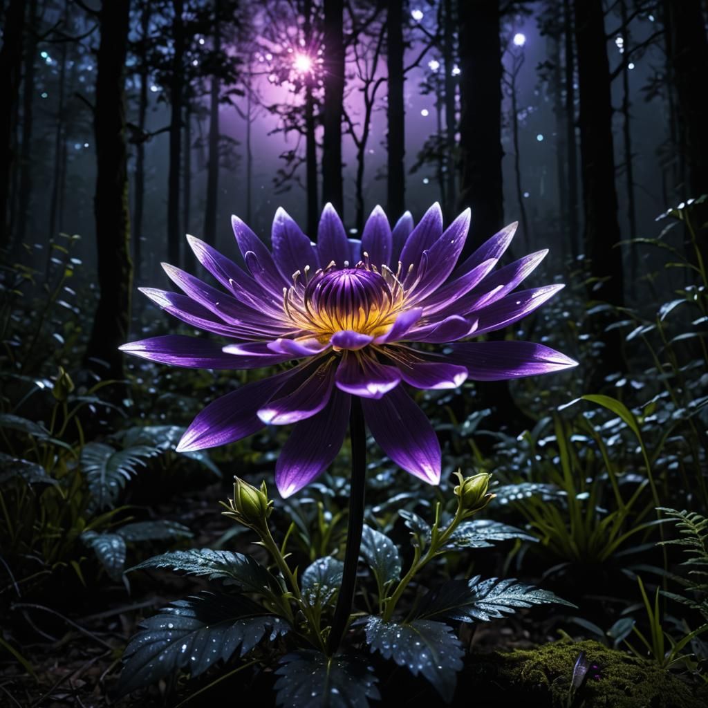 Glowing Magical Flower in Dark Forest, Fantasy Concept Art