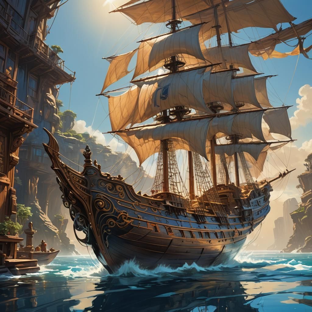 Ancient Ship Navigating Glass Sea: Fantasy Concept Art
