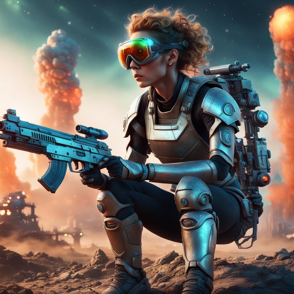 Futuristic Female Warrior in Dystopian Cyberpunk Landscape