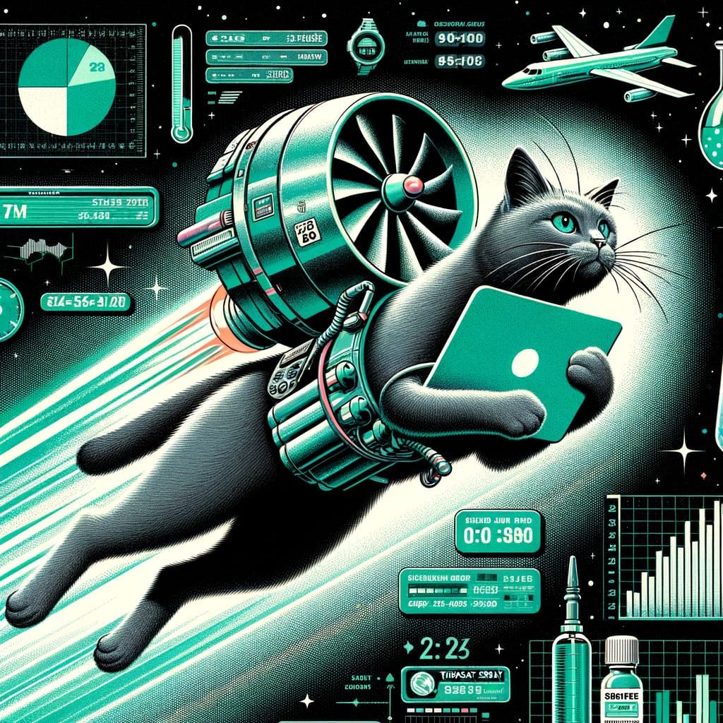 Fast Cat Pilot in Space with Laptop and Spray
