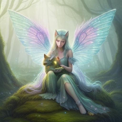 Magical Cat with Fairy Wings in Watercolor Style