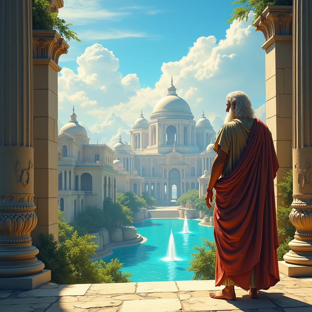 Socrates at Ancient Greek Citadel in Golden Light