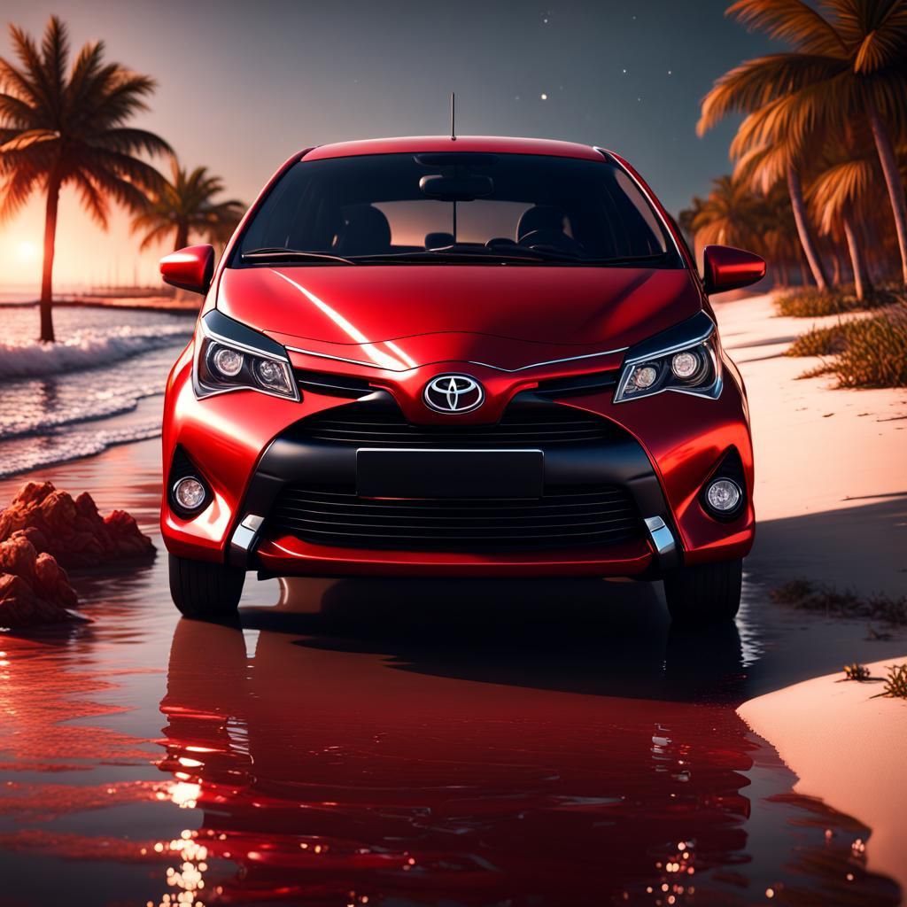 Red Toyota Yaris at Beach Entrance: Photorealistic Rendering