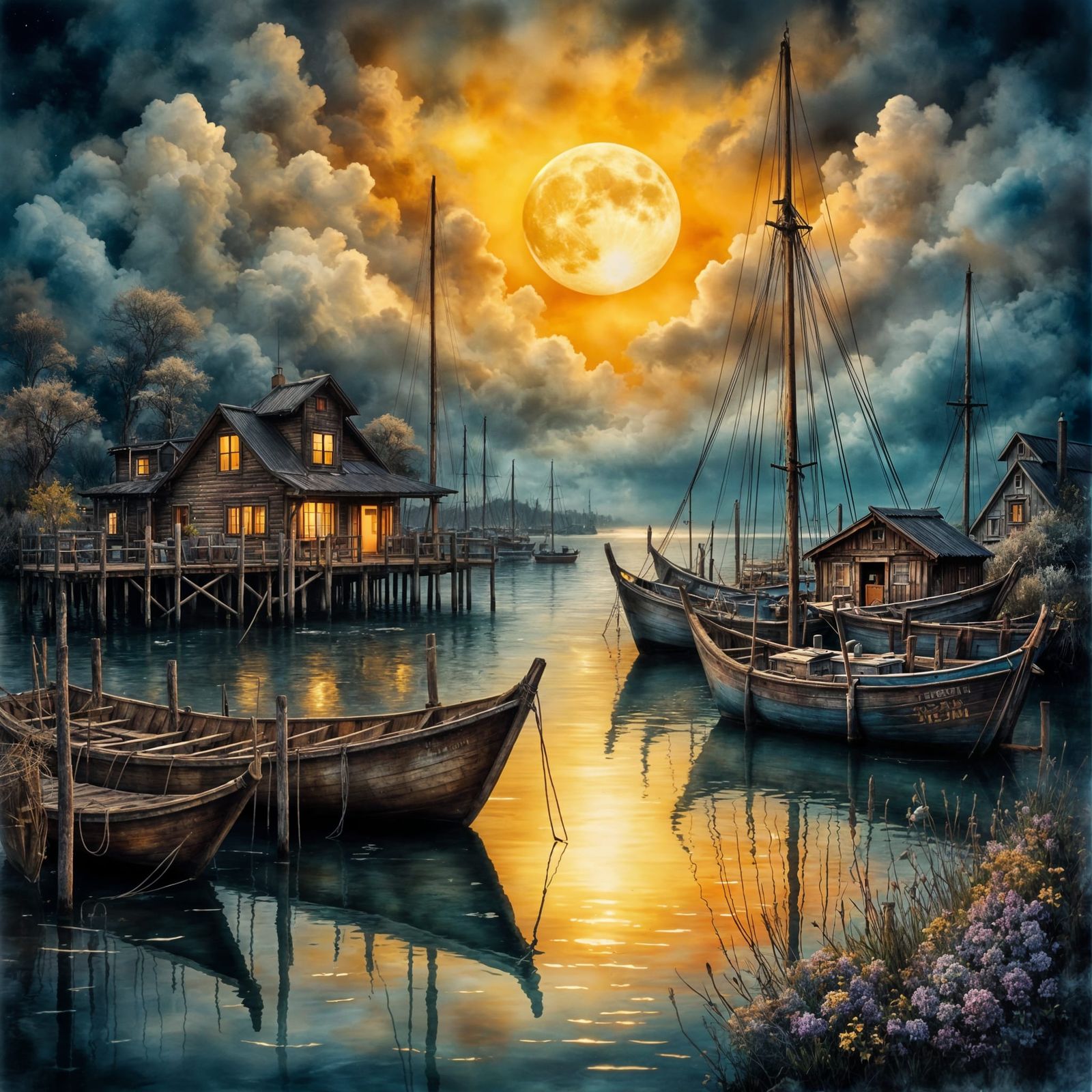 Peaceful Twilight Harbor Scene in Vibrant Watercolor