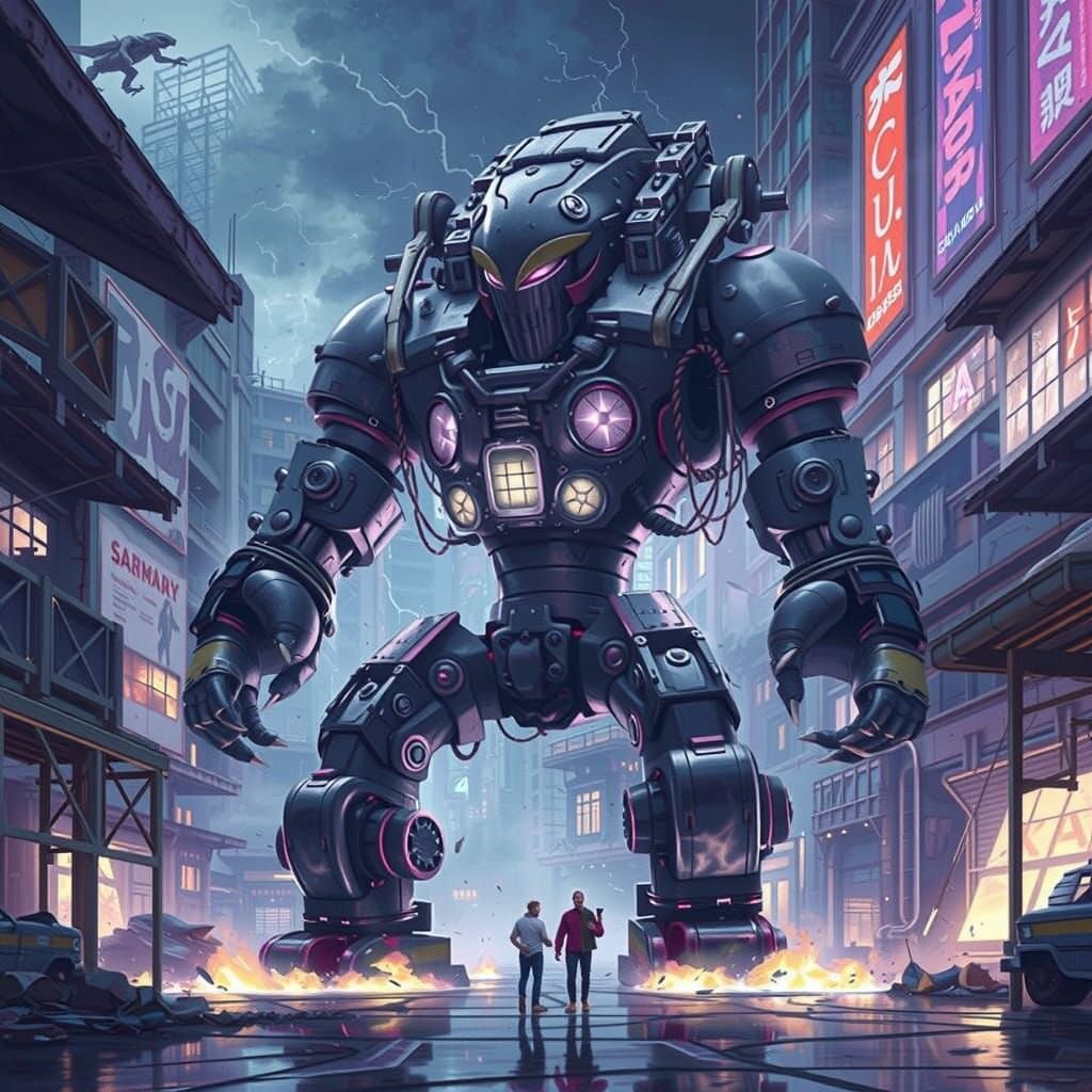 Robot Boxer Battles Alien in Ruined Cityscape