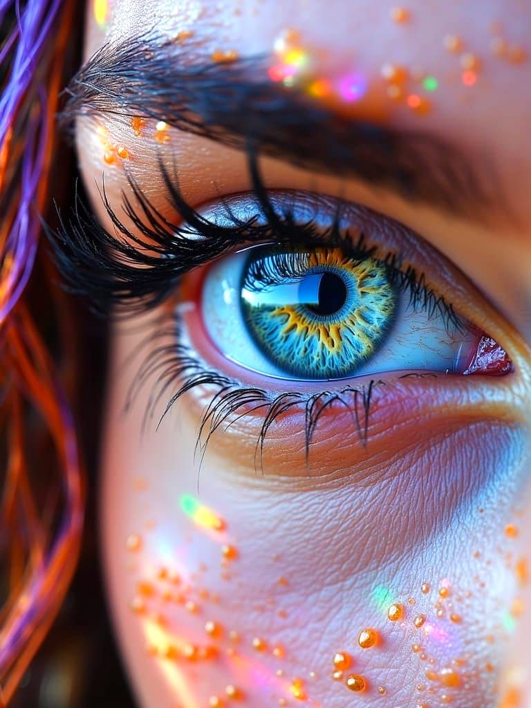 Hyper-Realistic Portrait of a Smiling Woman with Vibrant Eye...