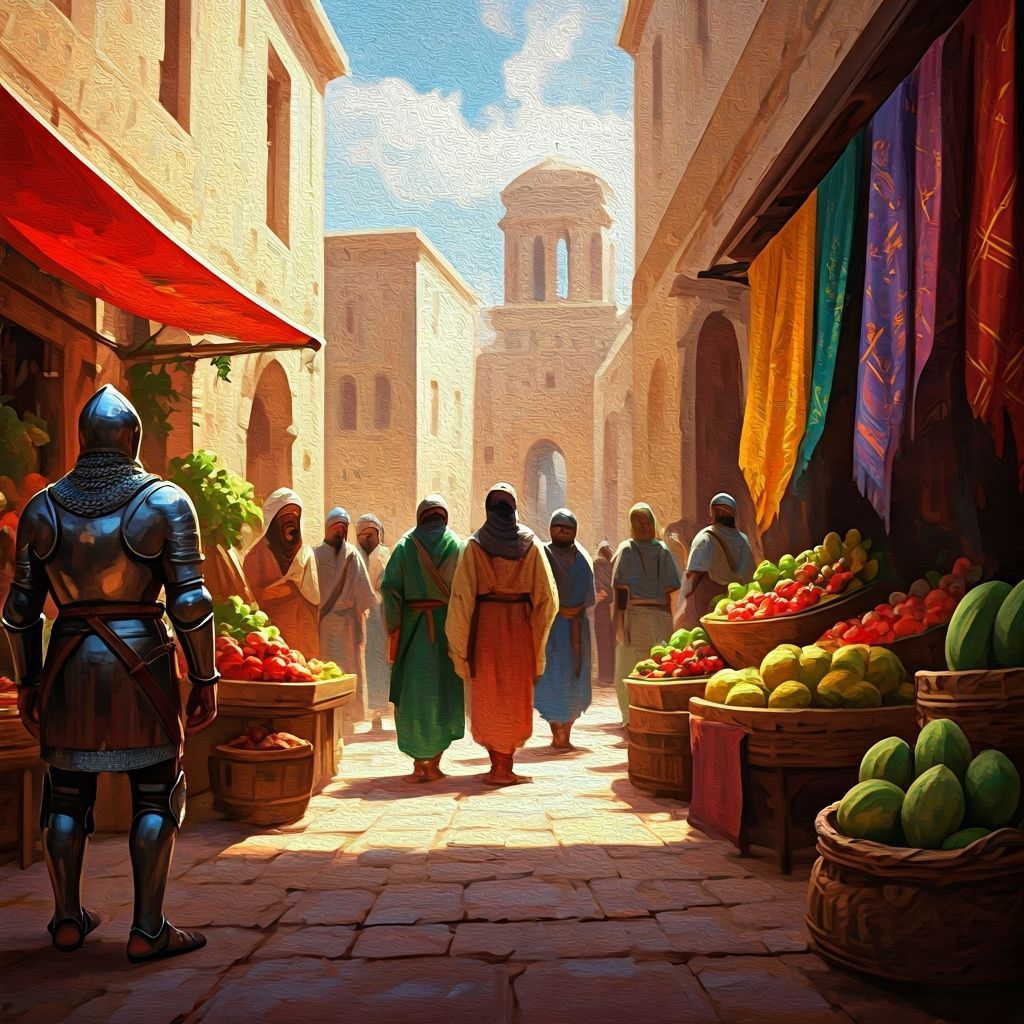 Knight Observes Ancient Marketplace in Impressionist Style