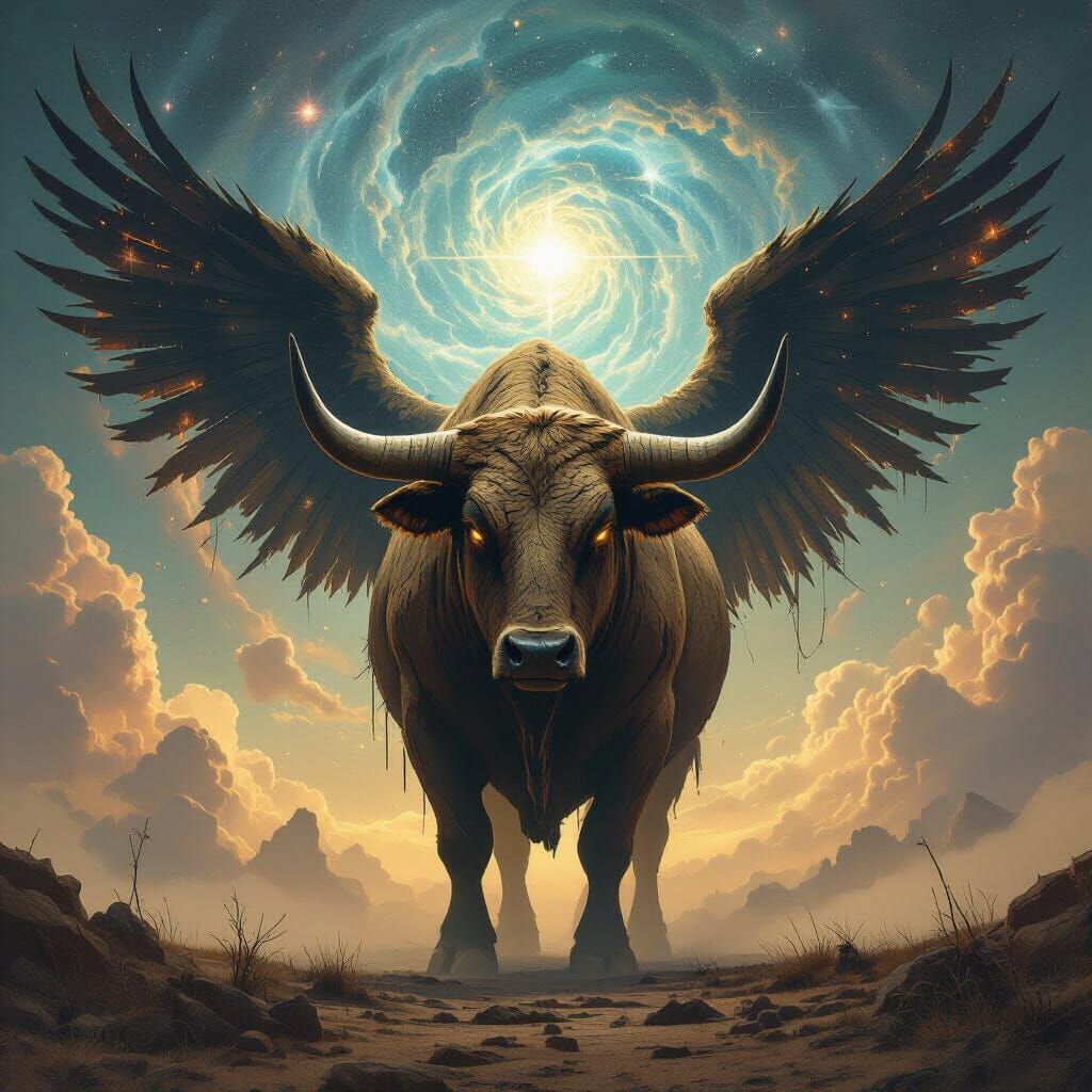 Ancient Stone Cattle Beast Against Cosmic Sky