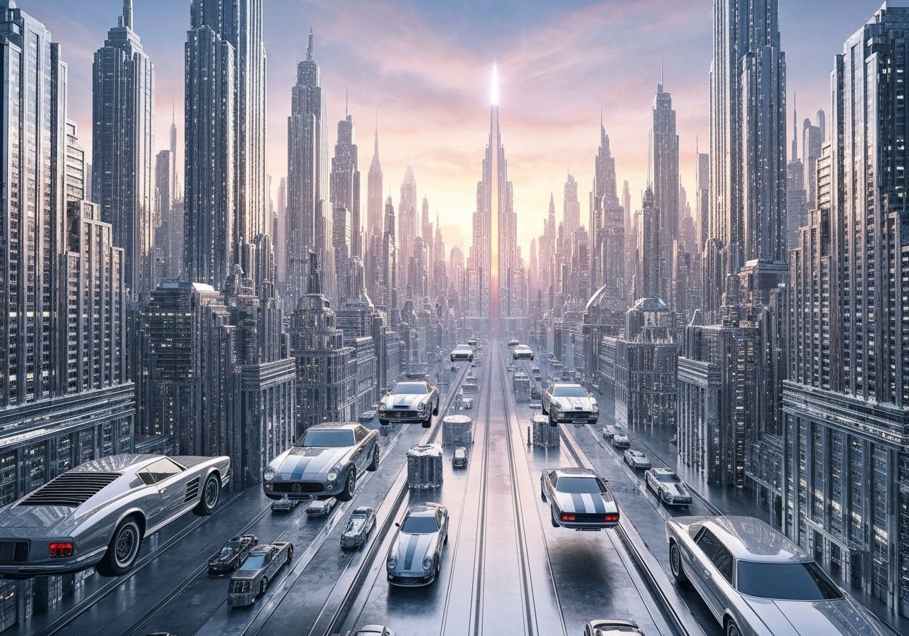 Futuristic Chrome City in Art Deco Style at Twin Sunset