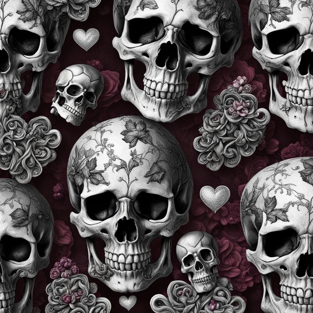 Macabre Still Life with Skulls, Hearts, and Ravens