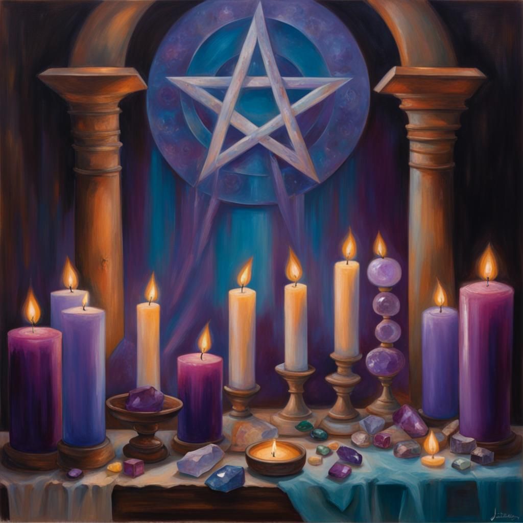 A picture of lit blue and purple candles arranged on a magical altar, creating a serene and mystical atmosphere add amet...