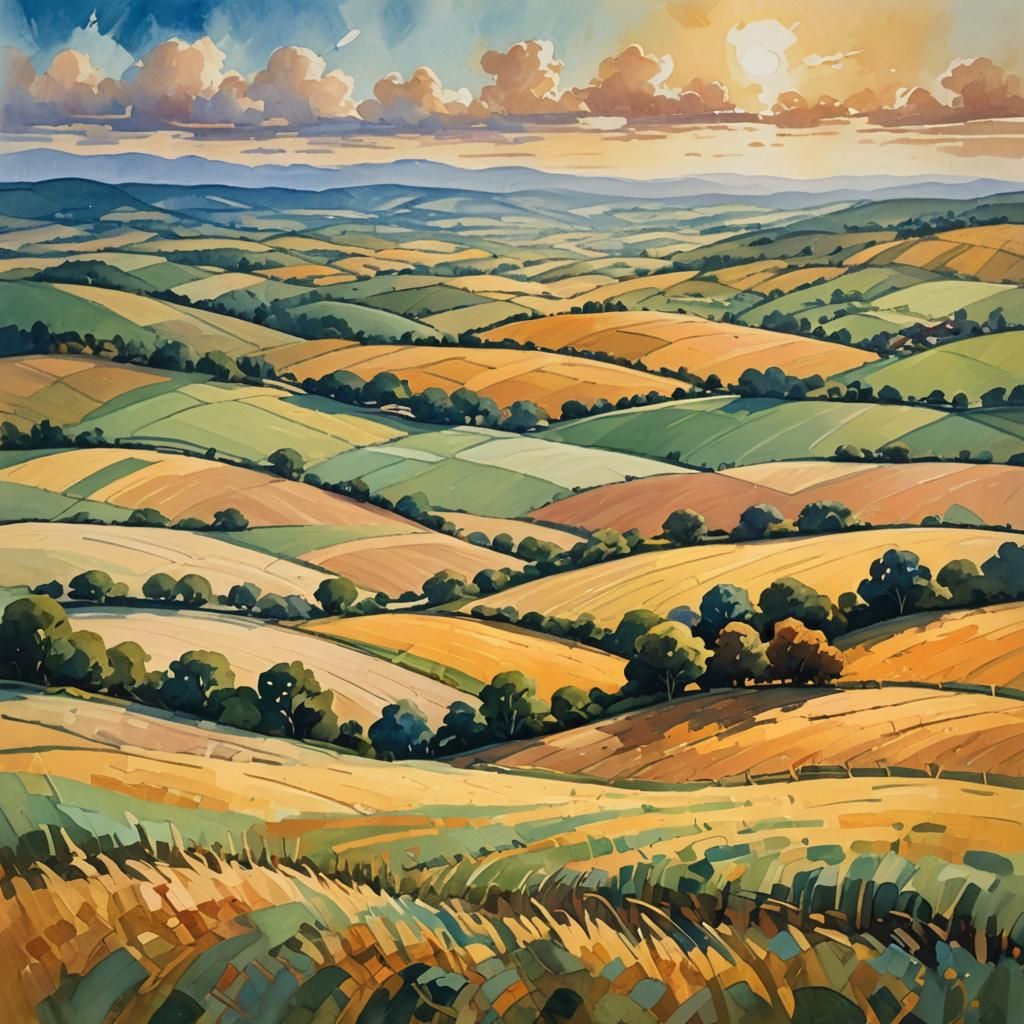 Gouache Impressionist Farmland Masterpiece as Impasto Painti...