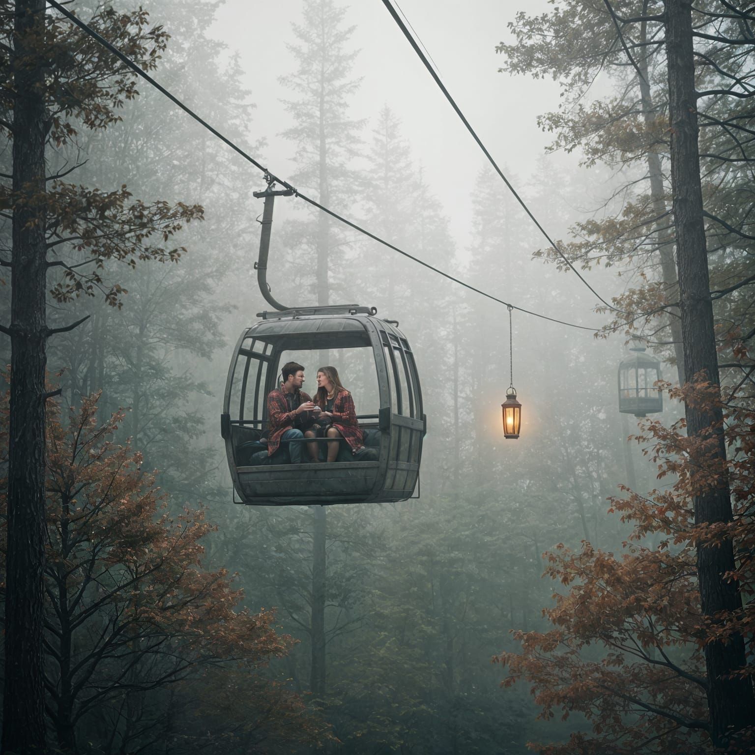 Gondola Ride Above Misty Forest, Digital Art