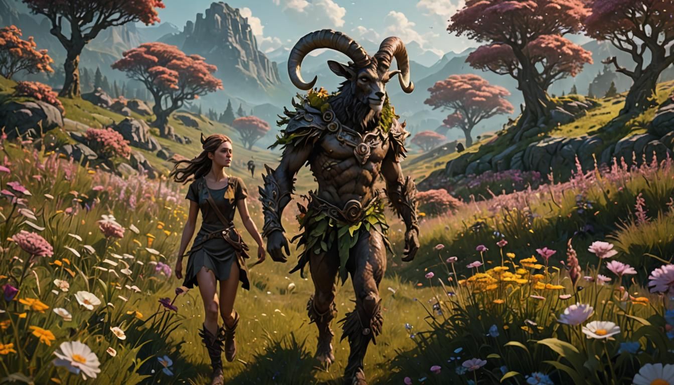 Faun and Girl in Flower Field: Dark Fantasy Art
