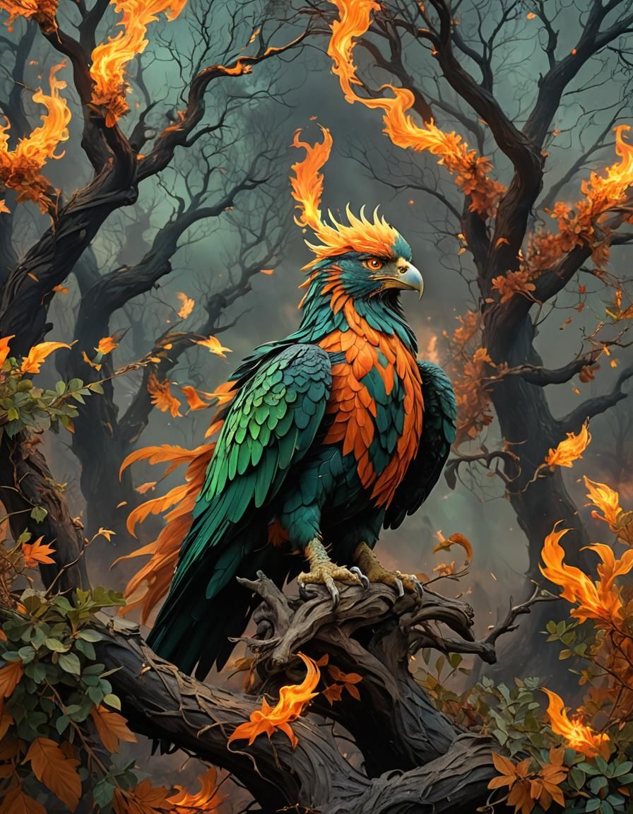 Fiery Griffin Perched Atop Burning Bush