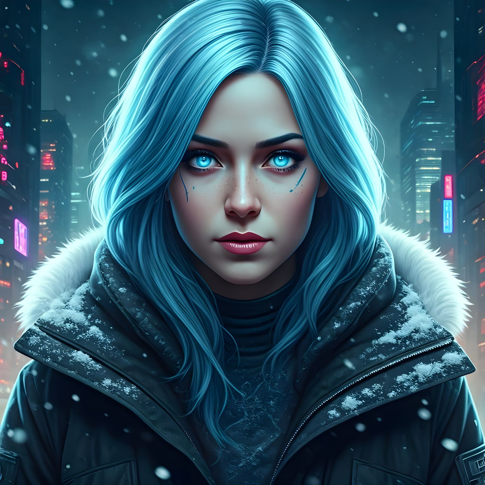 Cyberpunk Snow Queen Portraits in a Futuristic Winter Citysc...